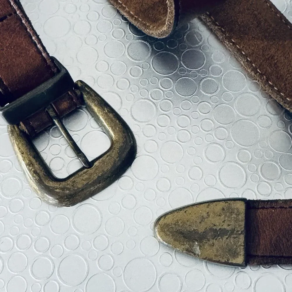 Vintage Cognac Brown Leather Western Belt 38 3-Pc Brass Buckle Tip Narrow Slim
